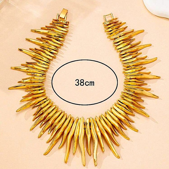 Gold Fringe Statement Choker Tassel Spiked Necklace - Picture 6 of 6